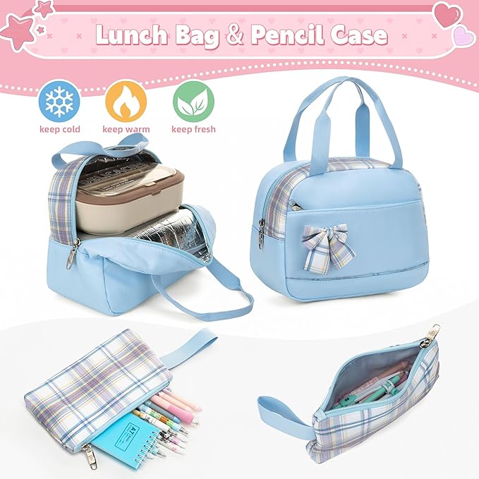 Backpack for Girls 15.6 Inch Laptop School Bag Kids Elementary College 3pcs Backpacks Lunch box Pencil Case Set Bookbags for Girls Teen Women Student Blue