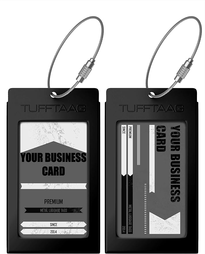 Luggage Tags Business Card Holder by TUFFTAAG - Durable Travel ID Bag Tag, Black Steel, 2 Tags