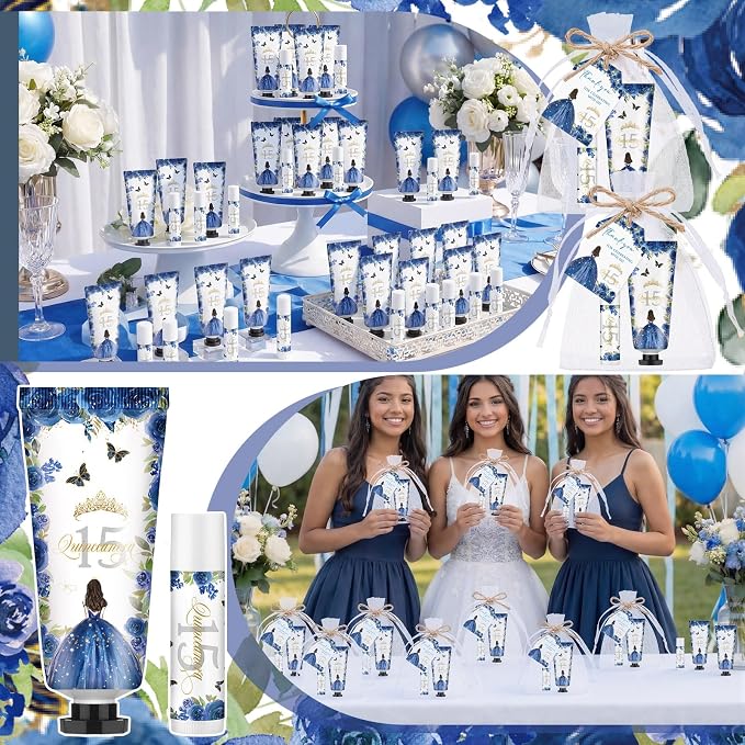 Leelosp 25 Set/100 Pcs Quinceanera Party Favor for Guest with Travel Size Hand Cream, Lip Balm, Card, Organza Bags Quinceanera Gift Set Sweet 15th Party Supply Birthday Souvenir(Blue)