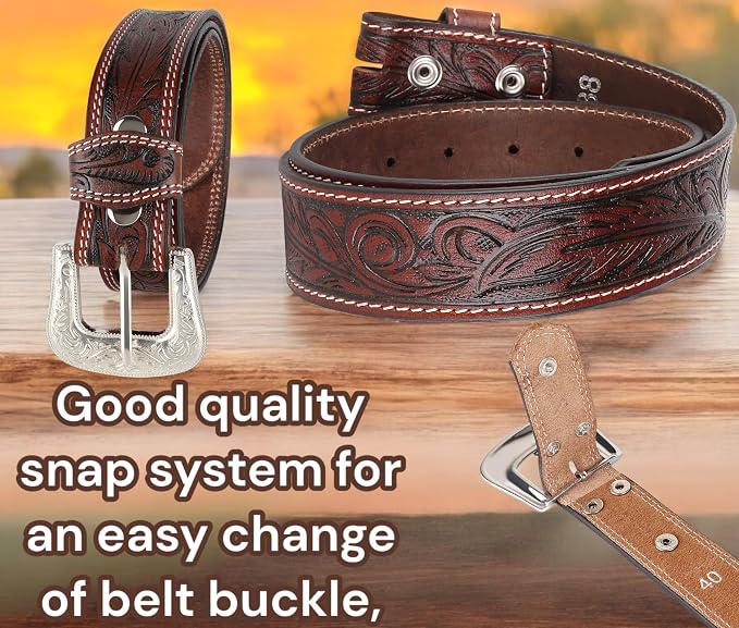 F&L CLASSIC mens Western full grain Leather belt Strap w/Snaps for Interchangeable Buckles, USA,