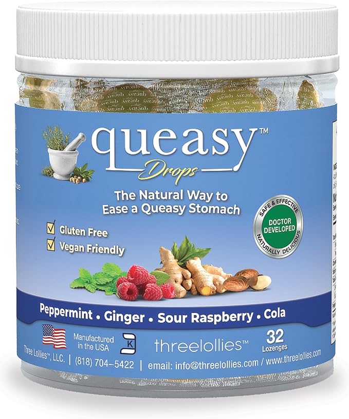 Three Lollies Queasy Drops - Relief from Nausea & Travel Sickness - Soothes a Dry Mouth & Settles Stomach - Natural Ingredients - 4 Flavors - 32ct