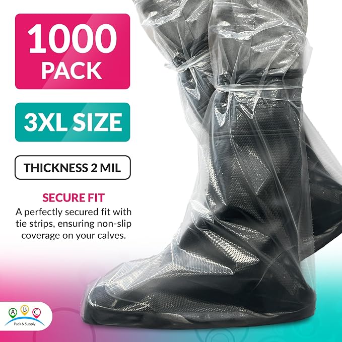 ABC Waterproof Disposable Boot Covers, 3XL Size. Pack of 1000 Clear Disposable Booties for Shoes Covers. Disposable Shoe Covers for Indoors Non Slip. Shoe Booties Disposable Non Slip