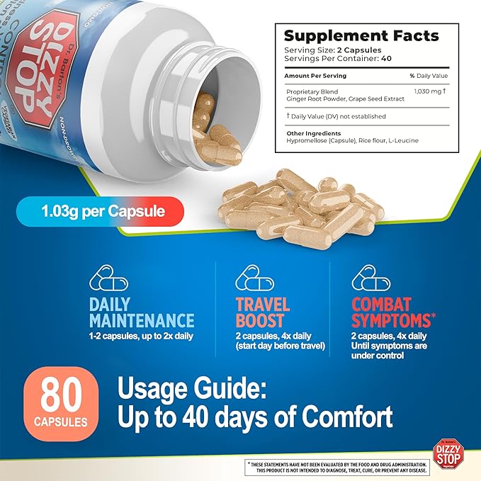 Dizzy Stop Dr. Barton's Vertigo Relief Products with Ginger and Grape Seed - Non-Drowsy Motion Sickness Pills for Dizziness Relief and Inner Ear Balance - (80 Count – Pack of 3)