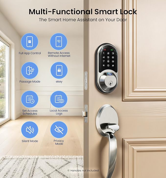 Veise RZ07 Fingerprint Smart Lock, 7-in-1 Smart Locks for Front Door, Keyless Entry Door Lock with App Control & Auto-Lock, Biometric Electronic Touchscreen Keypad Deadbolt, Satin Nickel