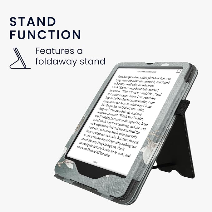 kwmobile Case Compatible with Amazon Kindle Paperwhite (2024)/Colorsoft - Case PU Leather Cover with Magnet Closure, Stand, Strap, Card Slot - Magnolias Taupe/White/Blue Grey