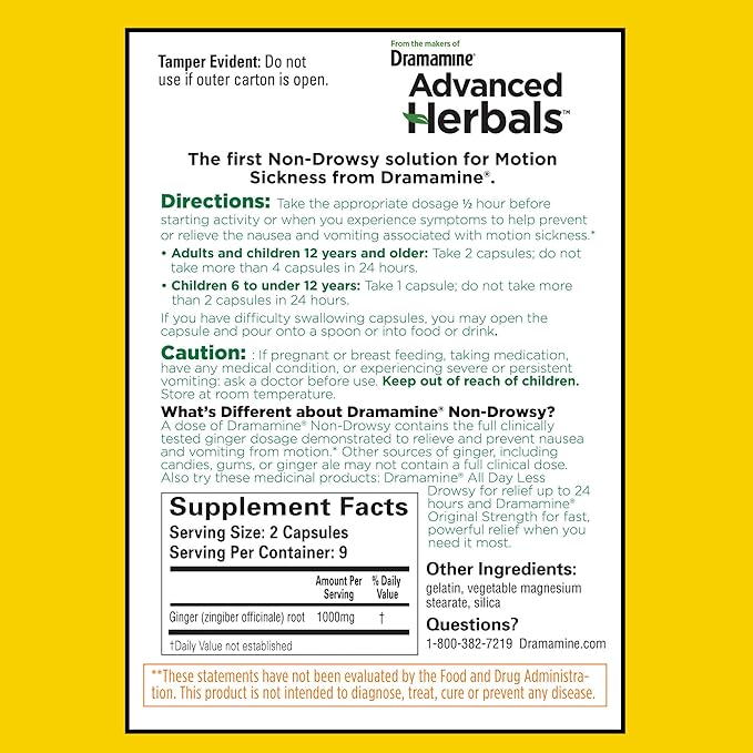 From the Makers of Dramamine, Advanced Herbals with Natural Ginger, for Nausea Relief, Morning Sickness Relief & Motion Sickness Relief During Travel, 18 Capsules