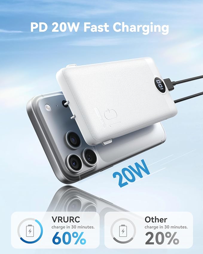 VRURC Portable Charger Power Bank - 10000mAh Fast Charging 22.5W PD 20W Slim Portable Charger Built in Cables,Power Bank with Cords,USB C Portable Phone Charger Travel Accessories -White