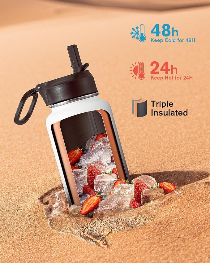 Coolflask Water Bottle 40 oz Insulated with Straw, Stainless Steel Metal 3 Lids Water Flask for Sports or Office, Keep Cold 48H Hot 24H, White & Black