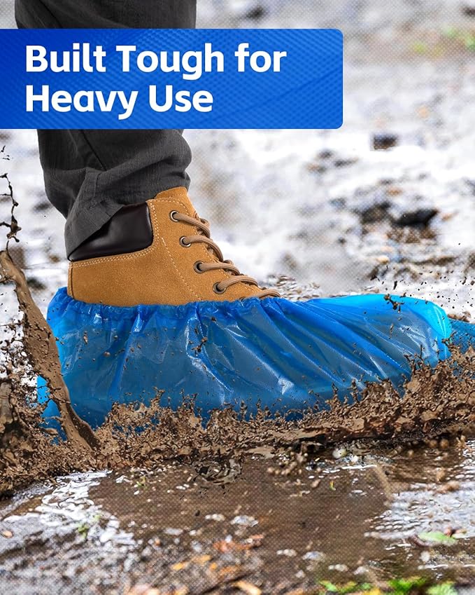 Buself Heavy Duty Disposable Shoe Covers, Extra Large 6.7x17.7 In, Thick 0.3 Oz, Waterproof Non-Slip Shoe Booties, 100 Pieces Boot Covers for Indoor/Outdoor Use, One Size Fits All