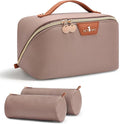 Travel Makeup Bag for Women: 3-in-1 Large Capacity Cosmetics Organizer with 2 Detachable Pouch - Vegan Leather Flat Open Toiletry Bag - Portable Travel Essentials for Full-Sized Bottles(Grey)