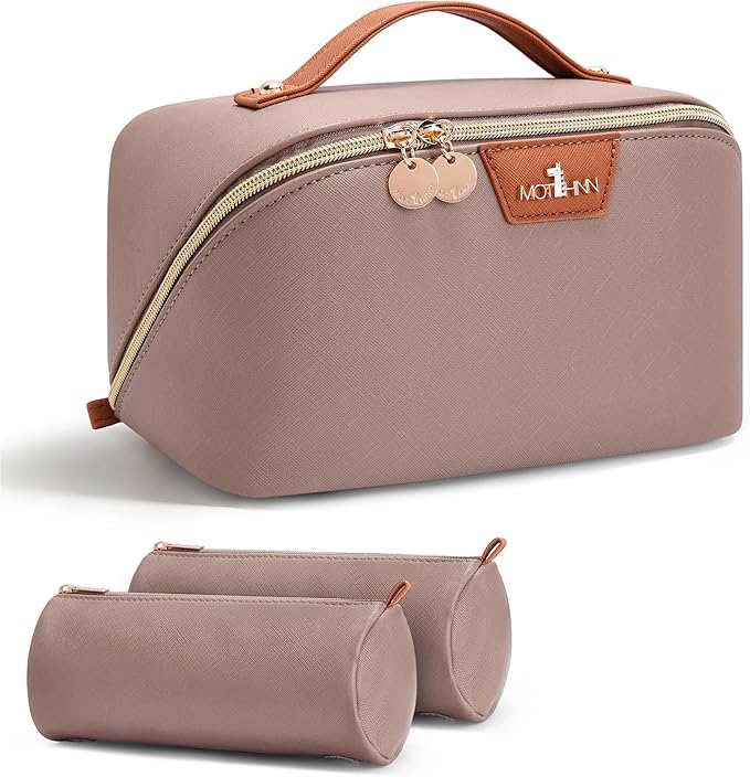 Travel Makeup Bag for Women: 3-in-1 Large Capacity Cosmetics Organizer with 2 Detachable Pouch - Vegan Leather Flat Open Toiletry Bag - Portable Travel Essentials for Full-Sized Bottles(Grey)