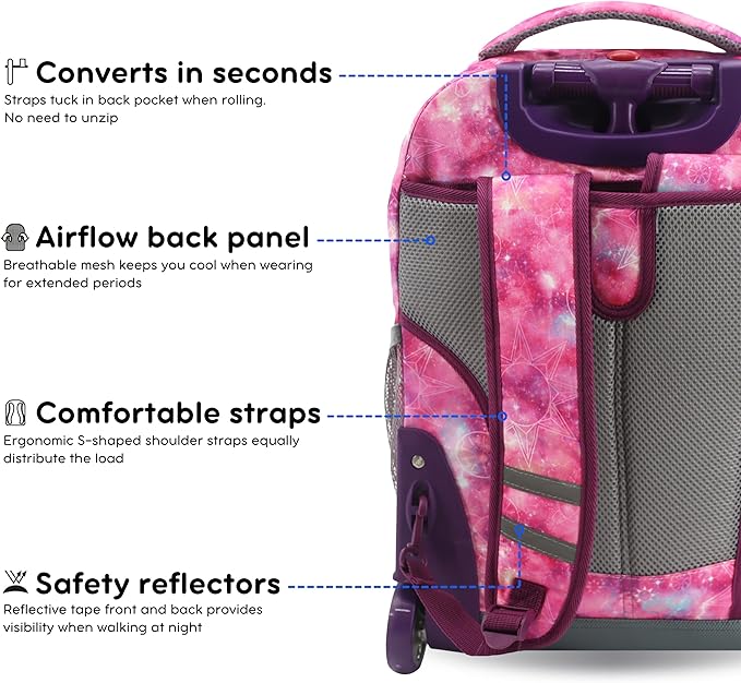J World Sunrise Kids Rolling Backpack for Girls Boys. Roller Bookbag With Wheels For School, Purple Galaxy