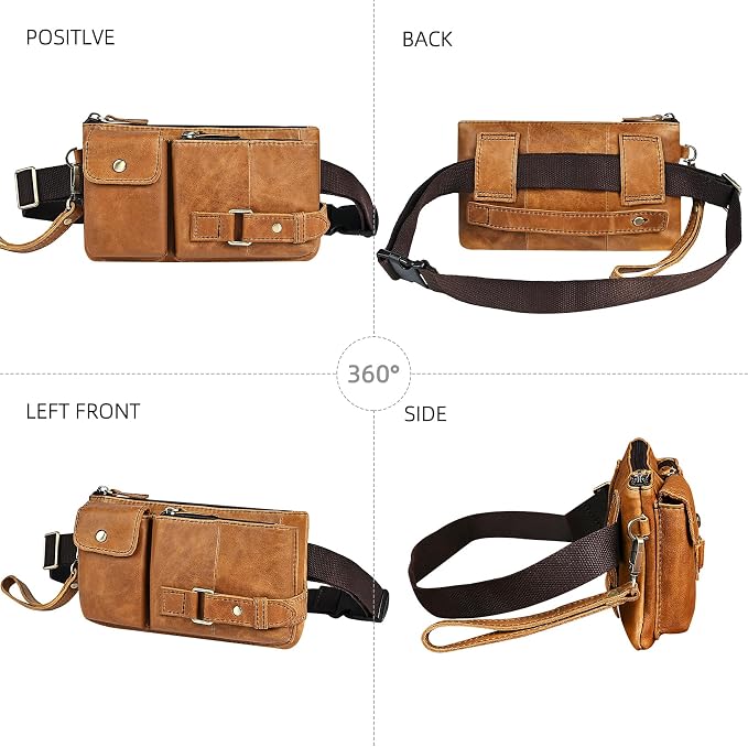 Water Resistant Canvas + Leather Hiking Riding Travel Fanny Waist Pack Small Phone Pouch For Men Women FB811-29 (100% Leather-The 8135 Light Brown)