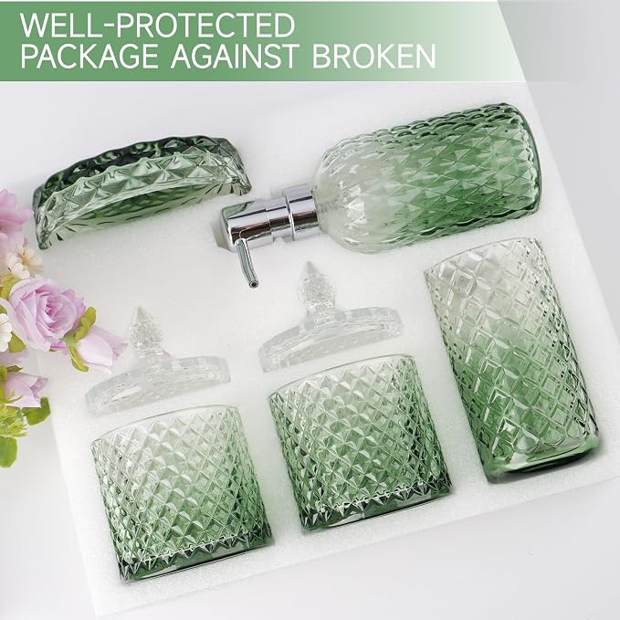 5Pcs Glass Bathroom Accessories Set,Green Vintage Bathroom Accessory Set, Bathroom Counter Sink Toothbrush Holder Set Includes 13.5oz Hand/Lotion Soap Dispenser & Tumbler & Soap Dish & Qtip Holders