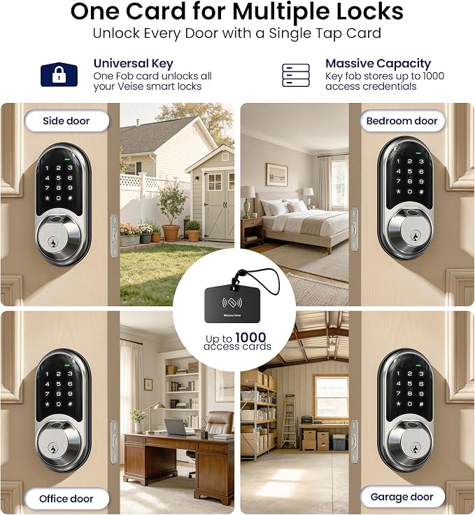 Veise RZ07 Fingerprint Smart Lock, 7-in-1 Smart Locks for Front Door, Keyless Entry Door Lock with App Control & Auto-Lock, Biometric Electronic Touchscreen Keypad Deadbolt, Satin Nickel