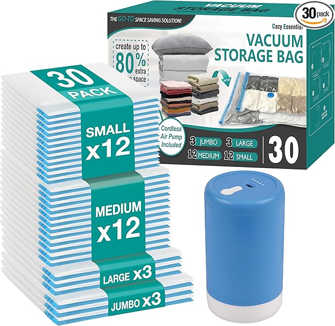 Cozy Essential Travel Vacuum Storage Bags with Rechargeable Cordless USB Pump, Space Saver Bags for Luggage, Suitcase, Carry-On, for Clothes, Blankets, Bedding & Seasonal Storage,30 Combo