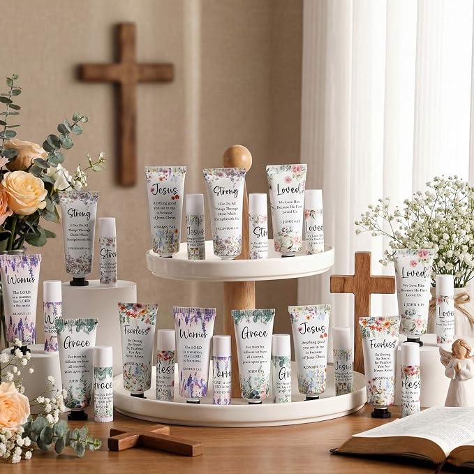 Loopeer 12 Sets Bulk Christian Hand Cream and Lip Balm Set for Women Religious Travel Size Moisturizing Lip Care Mini Religious Gifts for Women Coworker Appreciation Gift