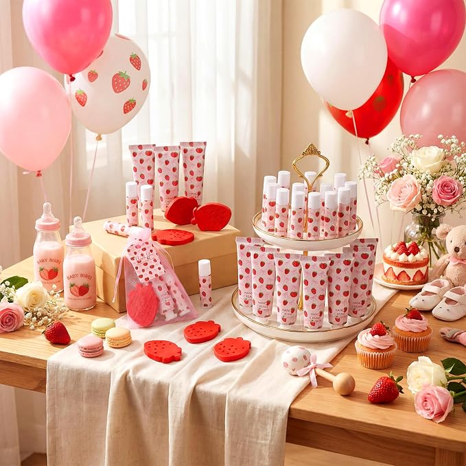 Loopeer 30 Set/150 Pcs Strawberry with Bow Baby Shower Favors for Guests Gifts Hand Cream Lip Balm Soap Party Favors Travel Size with Bags, Thanks You Card for Games Prizes Souvenirs