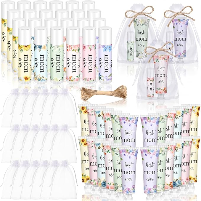 48 Sets Best Mom Ever Church Gifts Bulk for Women Birthday Gifts for Mom Hand Cream and Lip Balm Set with Organza Bag Thank You Card Mother Gift Bag Stuffers