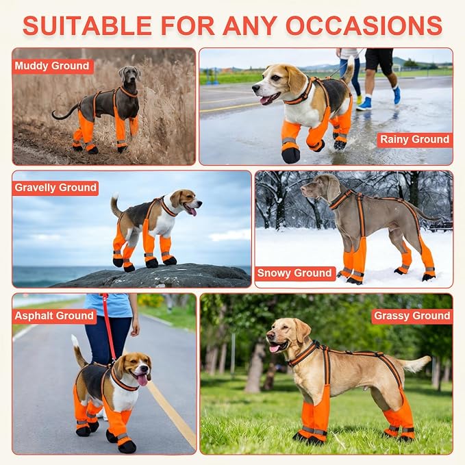 XL Orange Stay-On Suspender Dog Boots | Anti-Slip Waterproof | Adjustable Dog Shoes Paw Protector for Medium/Large Dogs Outdoor Walking Hiking Hot Pavement Winter Snow