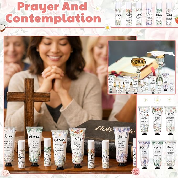 Loopeer 24 Sets Bulk Christian Hand Cream and Lip Balm Set for Women Religious Travel Size Moisturizing Lip Care Mini Religious Gifts for Women Coworker Appreciation Gift