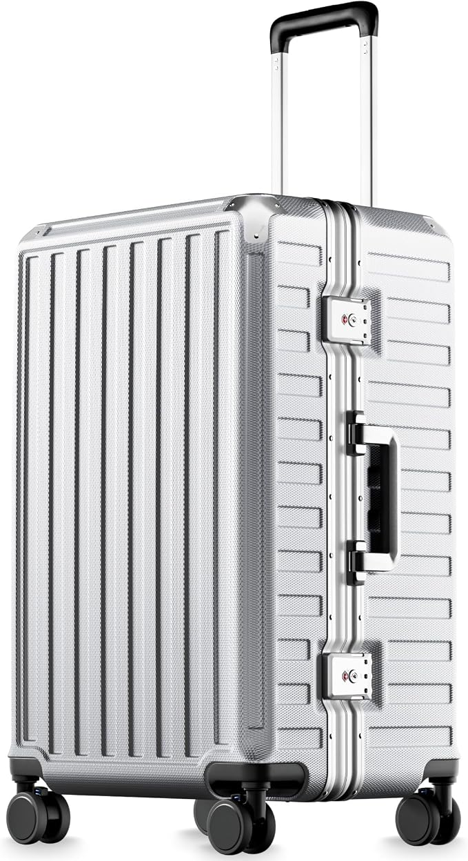 Checked Luggage with Spinner Wheels, 8010S Aluminum Frame Zipperless Polycarbonate Hard Shell Suitcase (ZX-Core, Silver, 24 Inch)