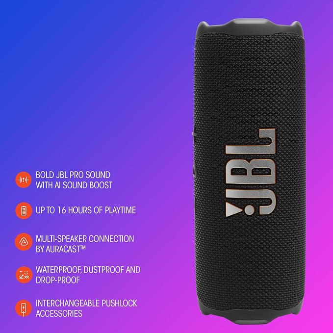 JBL Flip 7 - Portable Waterproof and Drop-Proof Speaker, Bold JBL Pro Sound with AI Boost, 16Hrs of Playtime, and PushLock System with Interchangeable Accessories (Purple)