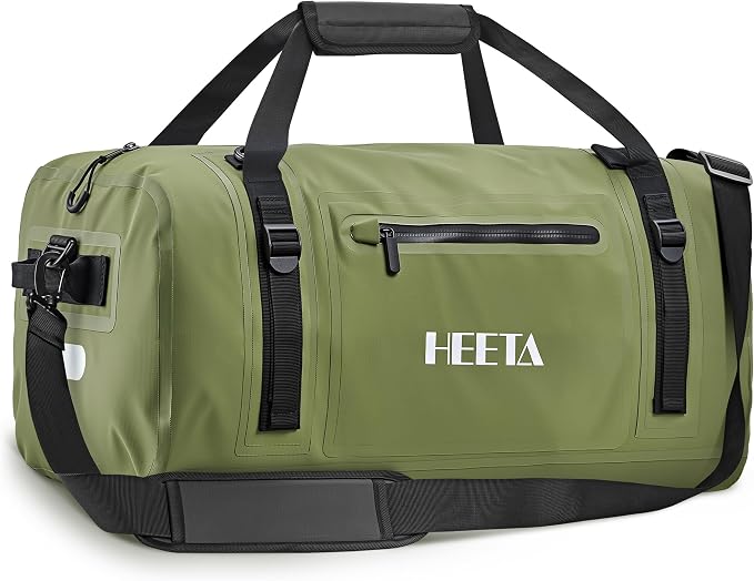 HEETA Waterproof Motorcycle Dry Bag, Waterproof Duffel Luggage Travel Bags with Zippered Closure & Pocket, Shoulder Straps, Large Space for Motorcycling Camping Commuting Boating (Green, 70L)