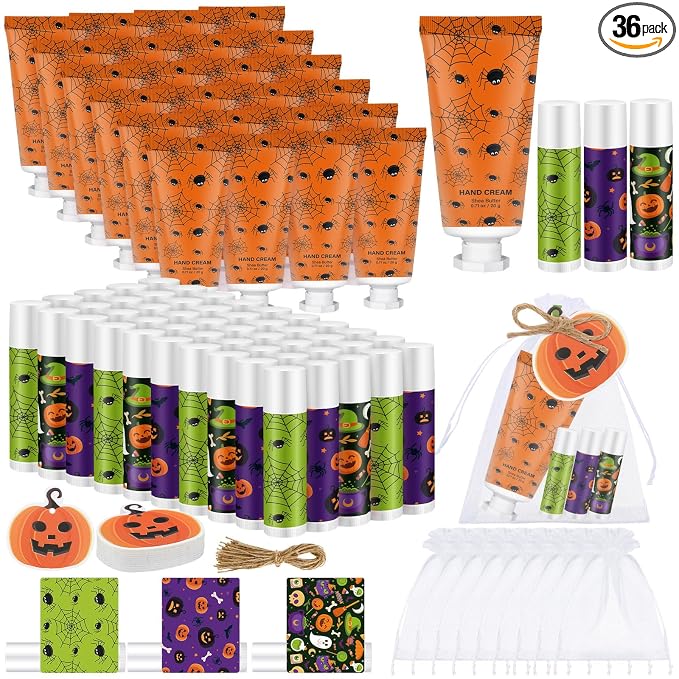 144 Pcs Halloween Lip Balms Hand Cream Sets Halloween Party Supplies Including 36 Ghost Pumpkin Lip Balm and Spider Moisturizing Hand Cream 36 Organza Bags Cards and Ropes for Thank You Gifts