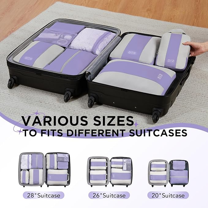 8 Set Compression Packing Cubes for Travel Essentials,Compressible Expandable Packing Cubes for Suitcase,OlarHike Luggage Garment Bags for Travel,Handy Helper for Organizing Clothes(Purple Gray)