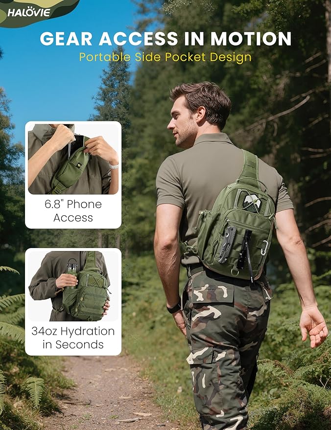 HALOVIE Anti-theft Tactical Sling Bag RFID ArmyGreen Military Shoulder Bag with Phone Pack EDC Molle Crossbody Bag for men