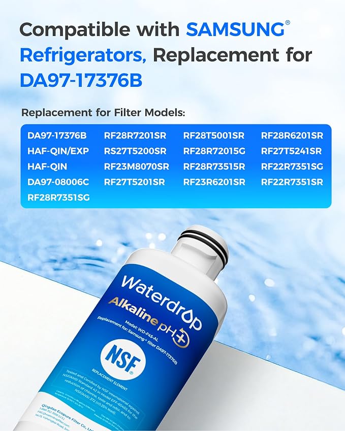 Waterdrop Alkaline WD-F45-AL Refrigerator Water Filter, Enhances pH, Replacement for Samsung® DA97-17376B, HAF-QIN/EXP, DA97-08006C, RF28R7201SR, RF28R7351SG, 3 Pack
