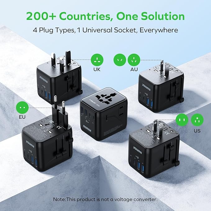 MOMAX Universal Travel Adapter 7-in-1, All-in-one European Travel Plug Adapter with 3 USB-C PD & 2 USB-A QC & 2AC, International Power Adapter Outlet for Travel UK/EU/AUS/JP, Travel Essentials(Black)