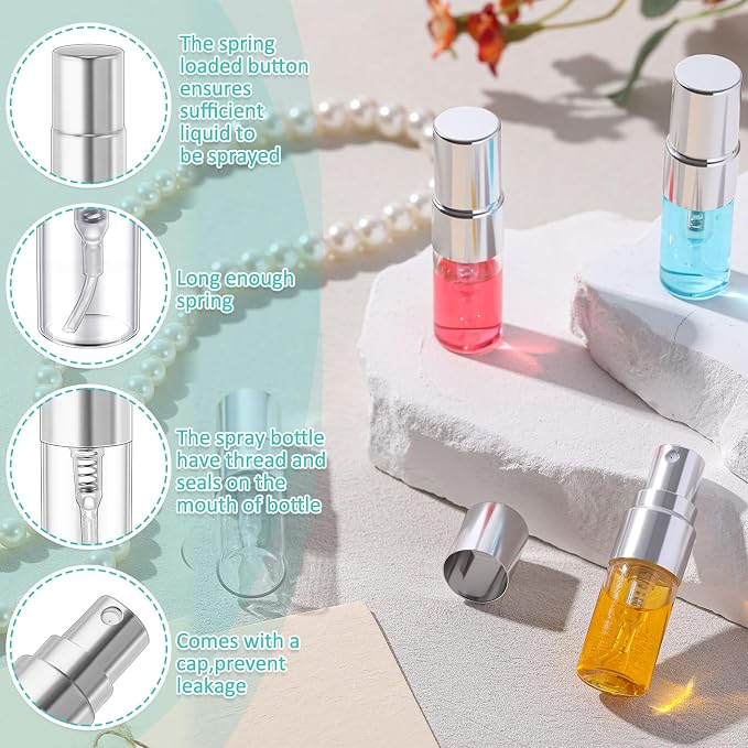 Zhehao 50 Pcs Mini Spray Bottles 2 ml Clear Glass Perfume Bottles Refillable Fine Mist Perfume Atomizer Portable Empty Sample Containers for Cleaning, Essential Oils, Travel (Silver Cap)