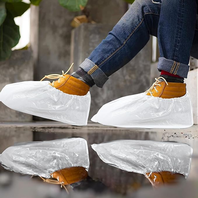 EZGOODZ White Indoor Shoe Covers Disposable Non Slip, 16.5 x 6.5 Inch. 1000 Pack Shoe Booties Disposable. 2 Mil CPE Disposable Booties for Shoes Covers. Waterproof Surgical Boot Covers for Outdoor
