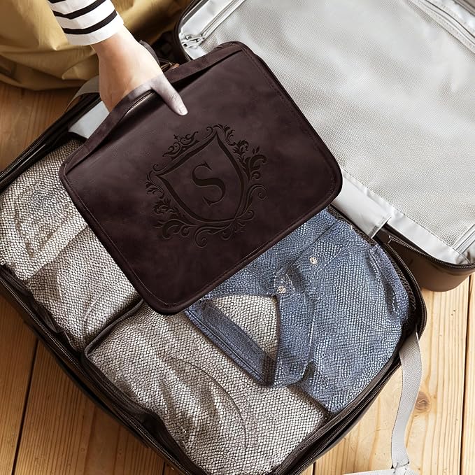 Laser-Engraved Initial 3-in-1 Hanging Travel Toiletry Bag 21st 30th 40th 50th 60th Birthday Gifts for Men, Personalized PU Leather Shaving Bag for Dad Husband Brother Boyfriend Dark Brown D