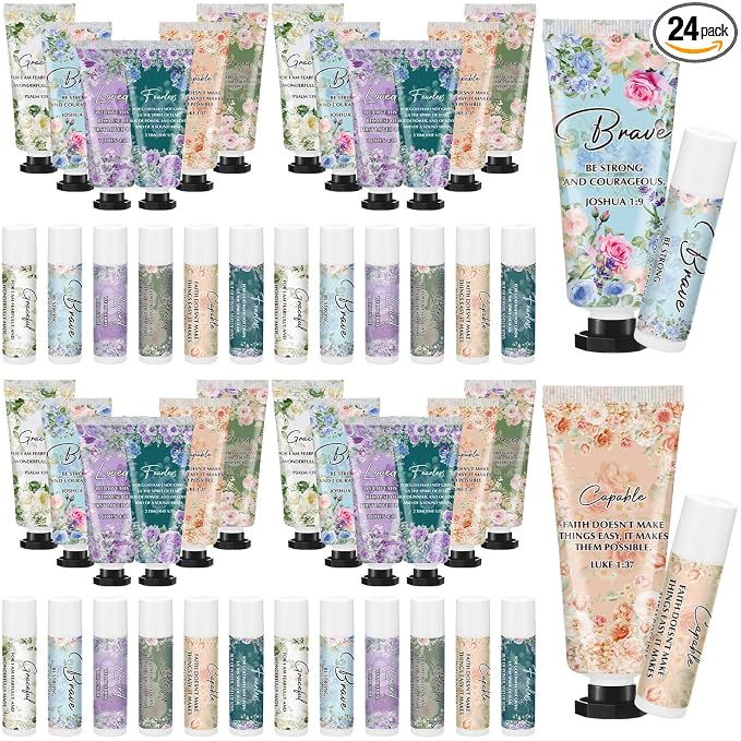 Loopeer 24 Sets Graduation Christian Hand Cream and Lip Balm Gift Set Christian Gift Bulk for Women Mothers Day Gifts for Church Travel Size Hand Lotion Bible Verse Lip Balm Bulk for Bridal Mom