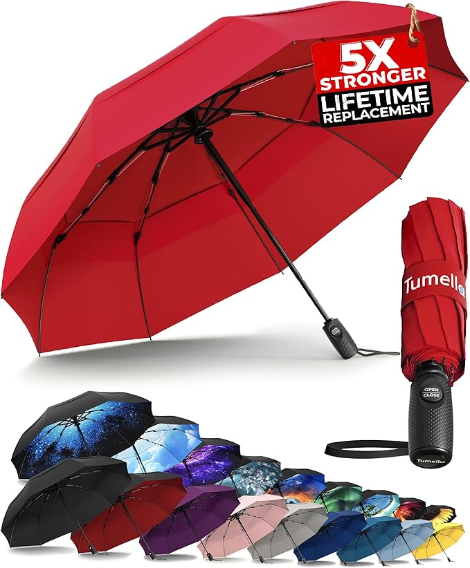 TUMELLA Strongest Windproof Travel Umbrella (Compact, 100MPH Wind-Tested), Light, Portable, One-Handed Use, Automatic Folding Rain Umbrella, Durable, Premium Grip, Fits Car & Backpack