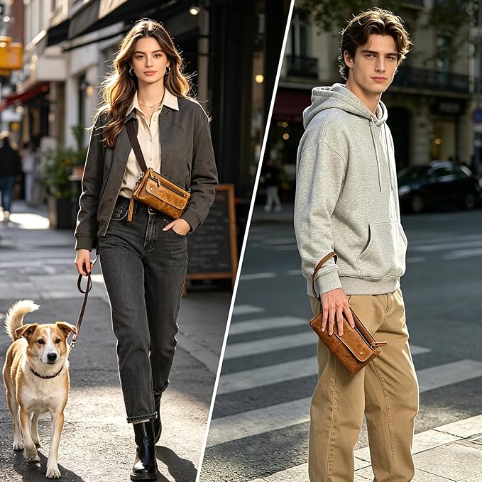 Water Resistant Canvas + Leather Hiking Riding Travel Fanny Waist Pack Small Phone Pouch For Men Women FB811-29 (100% Leather-The 8136 Brown2)
