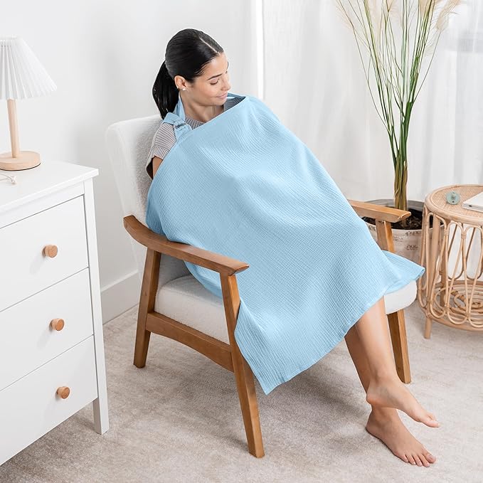 Comfy Cubs Muslin Nursing Cover, Pack of 1, 100% Muslin Breastfeeding Cover - Soft & Breathable Baby Nursing Scarf with Adjustable Neck Strap - Portable, Lightweight & Privacy Coverage - Sky Blue