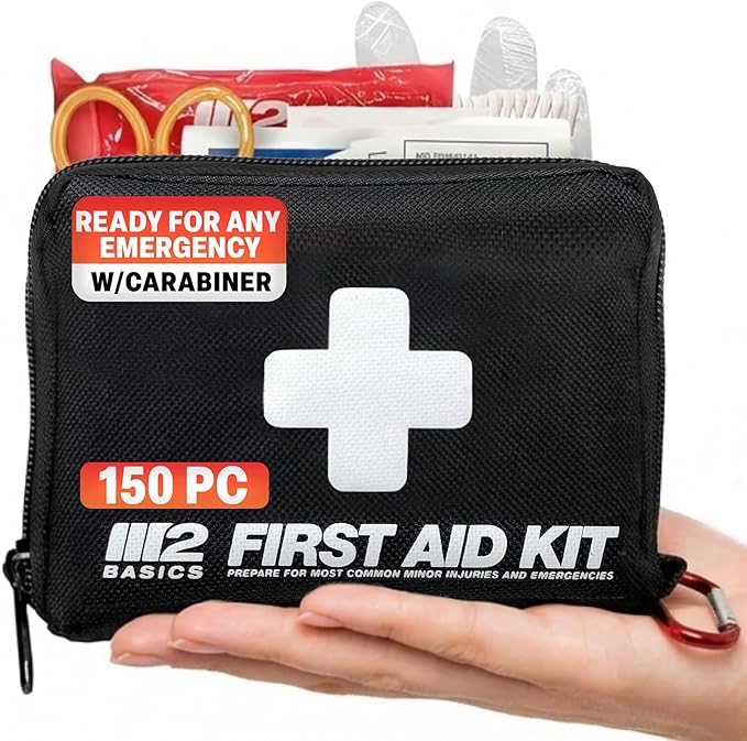 M2 BASICS Compact First Aid Kit, 150 Pieces, Portable Emergency Kit with Carry Bag and Carabiner for Travel, Car, Hiking, Purse