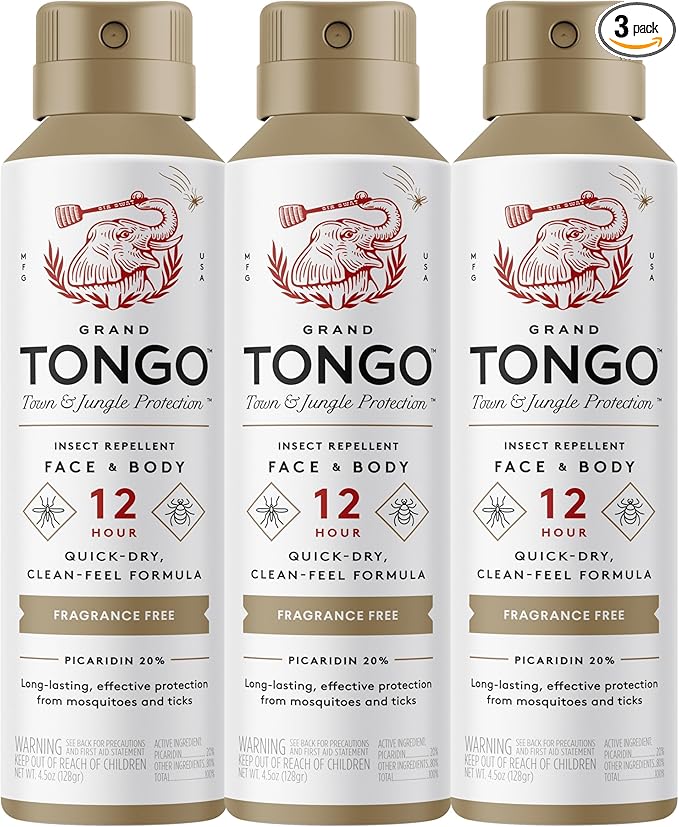 Grand Tongo Fragrance Free Insect Repellent, 12-Hour Mosquito & Tick Protection, Picaridin-Based, Water-Based, Lightweight, Quick-Drying, DEET Alternative, Face & Body Use, 3 Pack