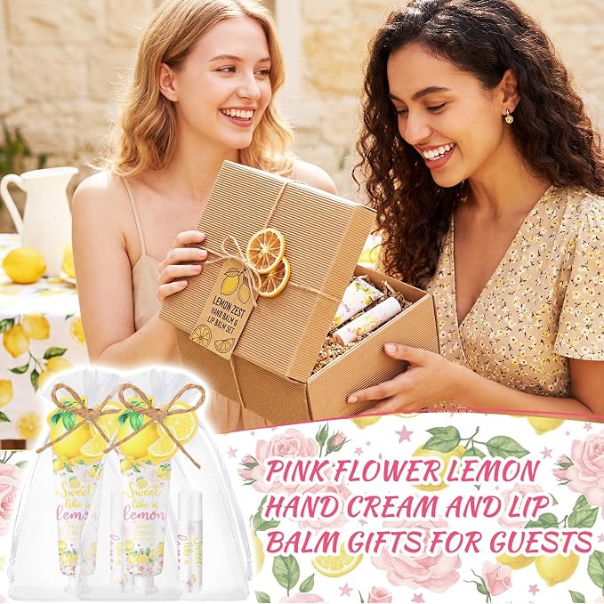 Lounsweer 24 Sets Lemon Baby Shower Hand Cream and Lip Balm Favors for Guests Sweet Like a Lemon Party Gifts with Organza Bags and Cards Travel Size Lotion Set for Bridal Shower Summer Birthday