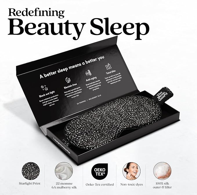 TheSleepGuard Pure Silk Sleep Mask [100% 6A Mulberry Silk, 22 Momme] Light Blocking Travel Essentials. Eye Masks for Sleeping. Black Oeko-Tex Blindfold. Eye Covers for Men & Women