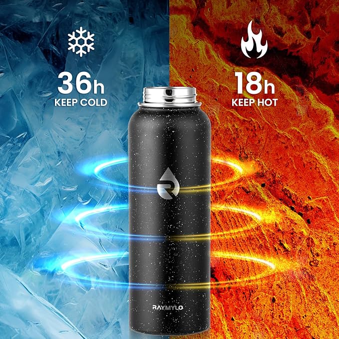 RAYMYLO Insulated Water Bottle 40 oz, Triple Wall Vacuum Stainless Steel (Cold for 36Hrs, Hot for 18Hrs), Leak Proof & Non-BPA, Modern Water Flask Jug with Paracord Handle & Straw Spout Lids