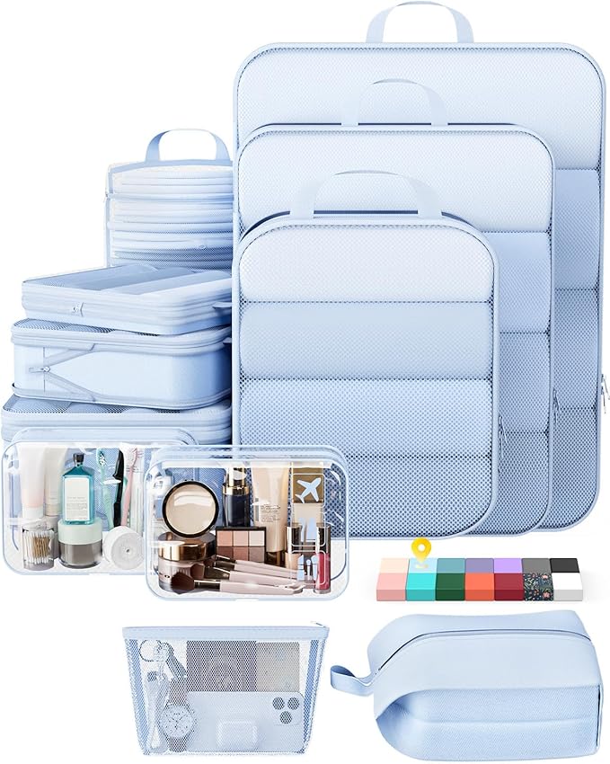 Veken 11 Set Compression Packing Cubes for Travel Essentials,Compressible Expandable Large Luggage Suitcase Organizer Bags for Clothing,Durable Space Saver Storage Bags with Toiletry Bags(Light Blue)