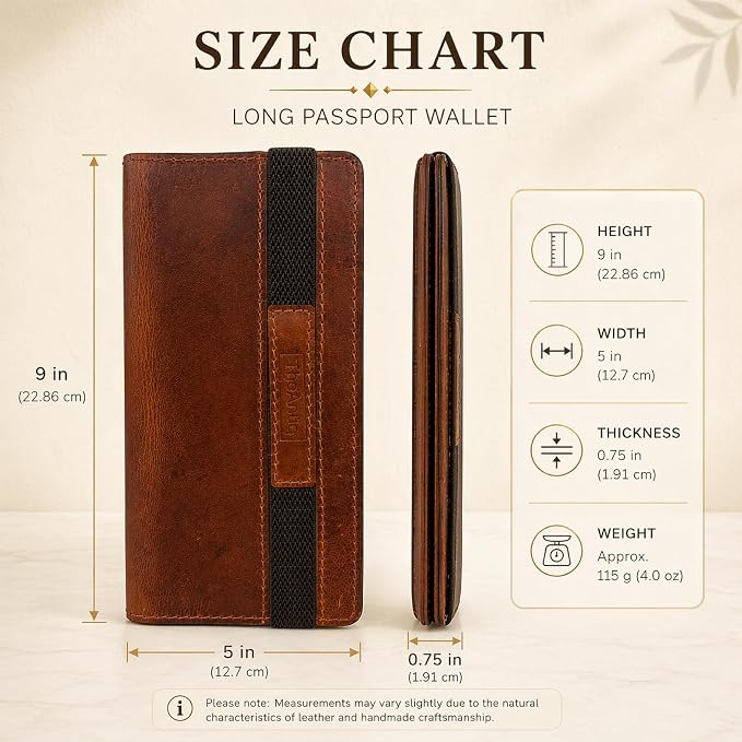 Tan Leather Long Passport Wallet - Travel Document Organizer with Card Slots ID Window Zipper Pocket Slim Passport Holder for Travel & Everyday Use, 5 x 9