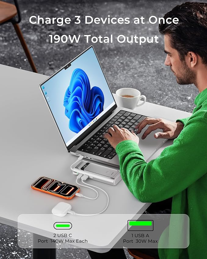 TALIX Laptop Power Bank, 20000mAh Portable Charger 190W Total Output, 3-Port Fast Charging (140W Max), Built-in USB-C Cable,High-Capacity External Battery Pack for MacBook,Dell,Computer,iPad,iPhone 17