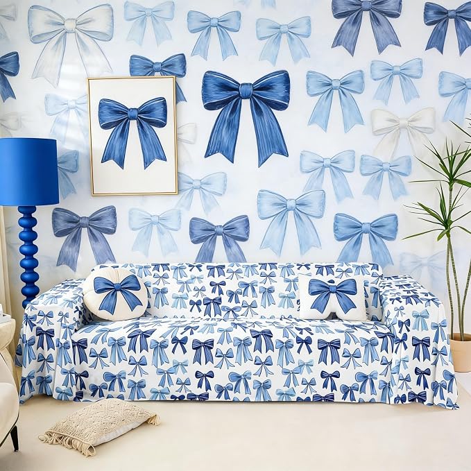 Blue Bow Pet Couch Cover Kawaii Princess Bow Tie Dogs Washable Non-Slip Couch Protector Dreamy Bowknot Watercolor Geometric Bow-Tie Pet Friendly Dog Mat for Couches and Sofas,71"x91" Cute Kawaii
