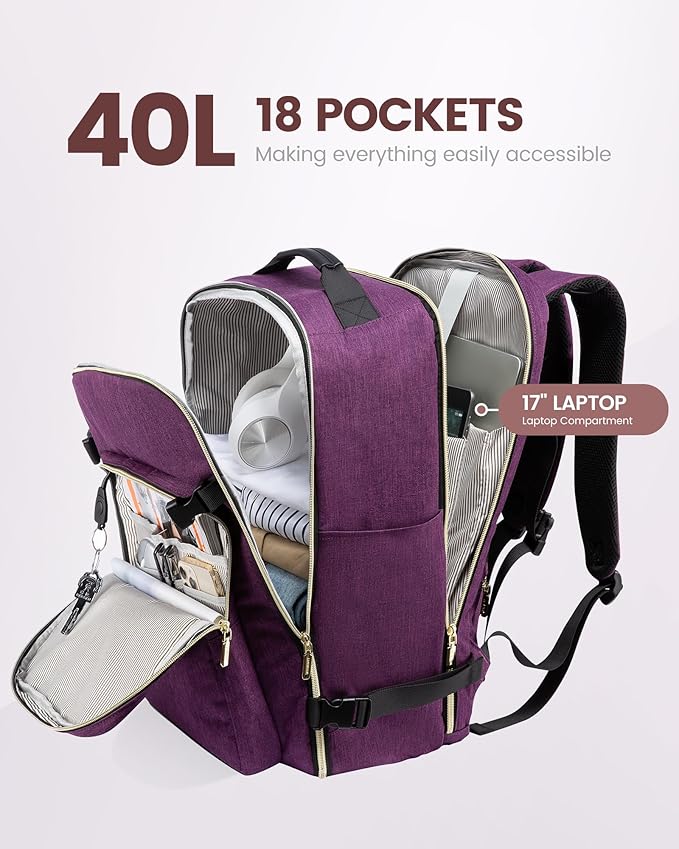 LOVEVOOK 40L Travel Backpack Flight Approved Carry on Backpack,3 Packing Cubes,Waterproof Personal Item Travel Bag,TSA Carry on Luggage Suitcase Travel Essentials,Gifts for Women & Men,fits 17" Laptop